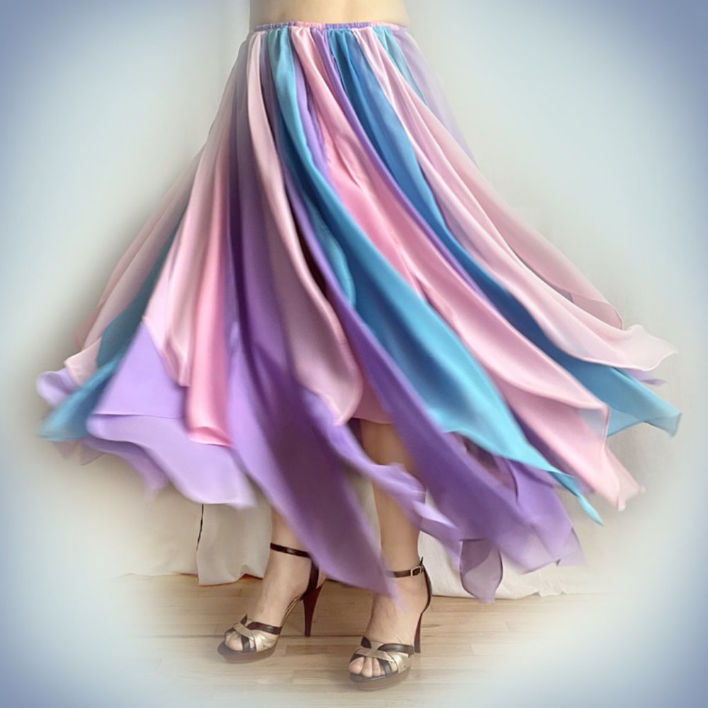 Ameynra bellydance style petal skirt, pink lavender turquoise chiffon. All sizes